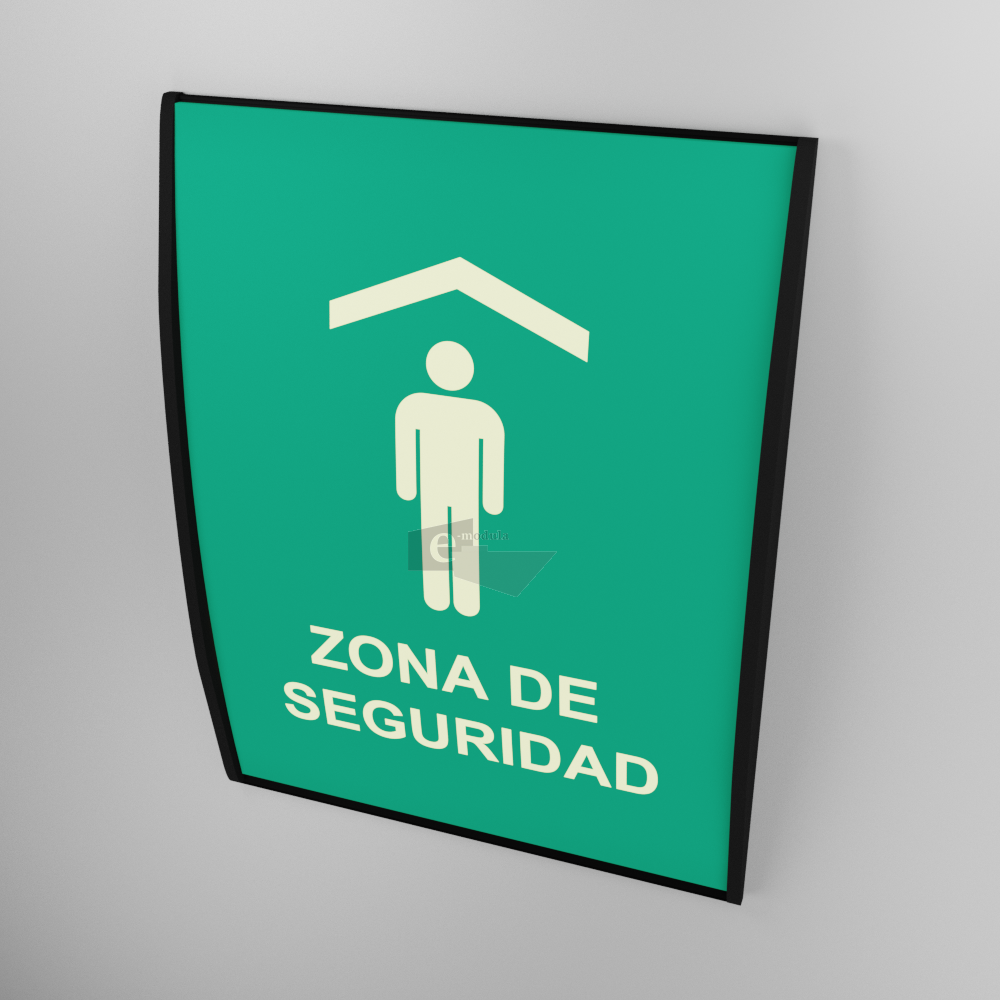28x21.5cm Señal / letrero / protección civil / curvo / Zona segura / Fotoluminicente