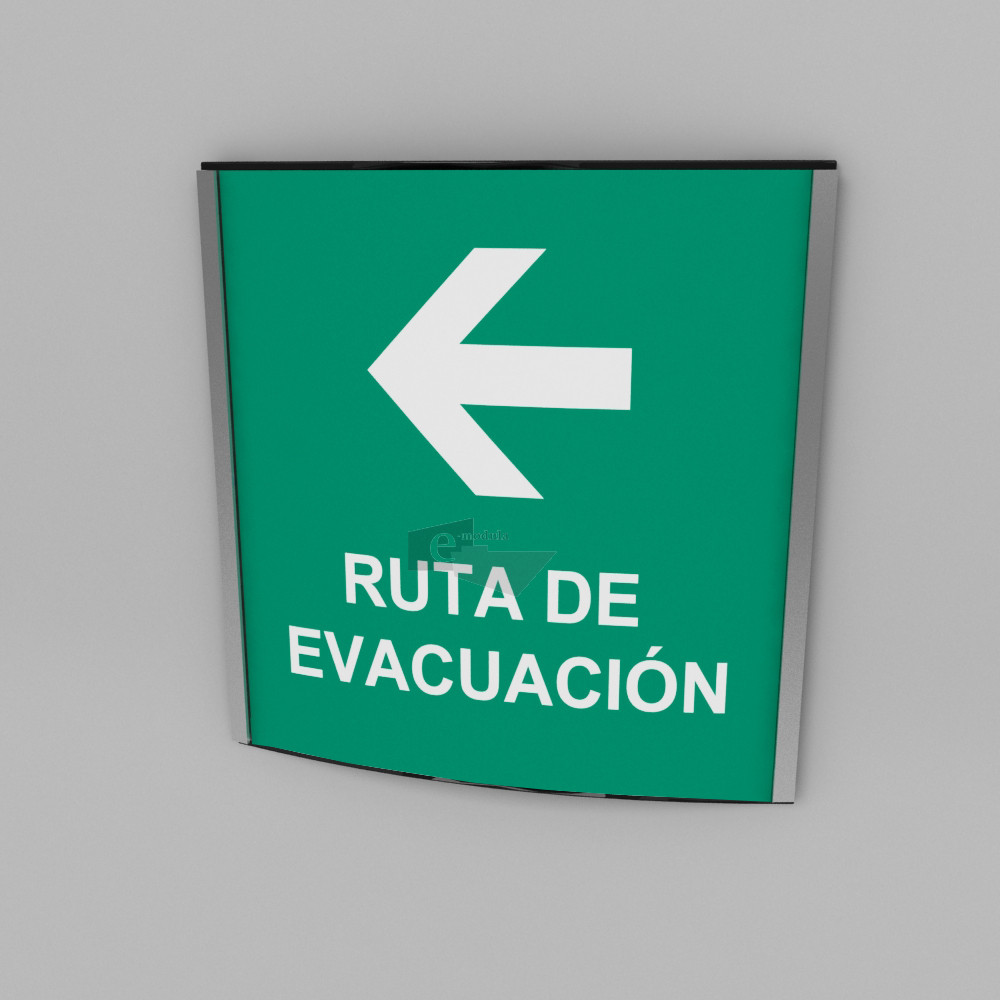 15x15cm / ruta de evacuación / flecha izquierda / señal / letrero / protección civil / curvo / verde