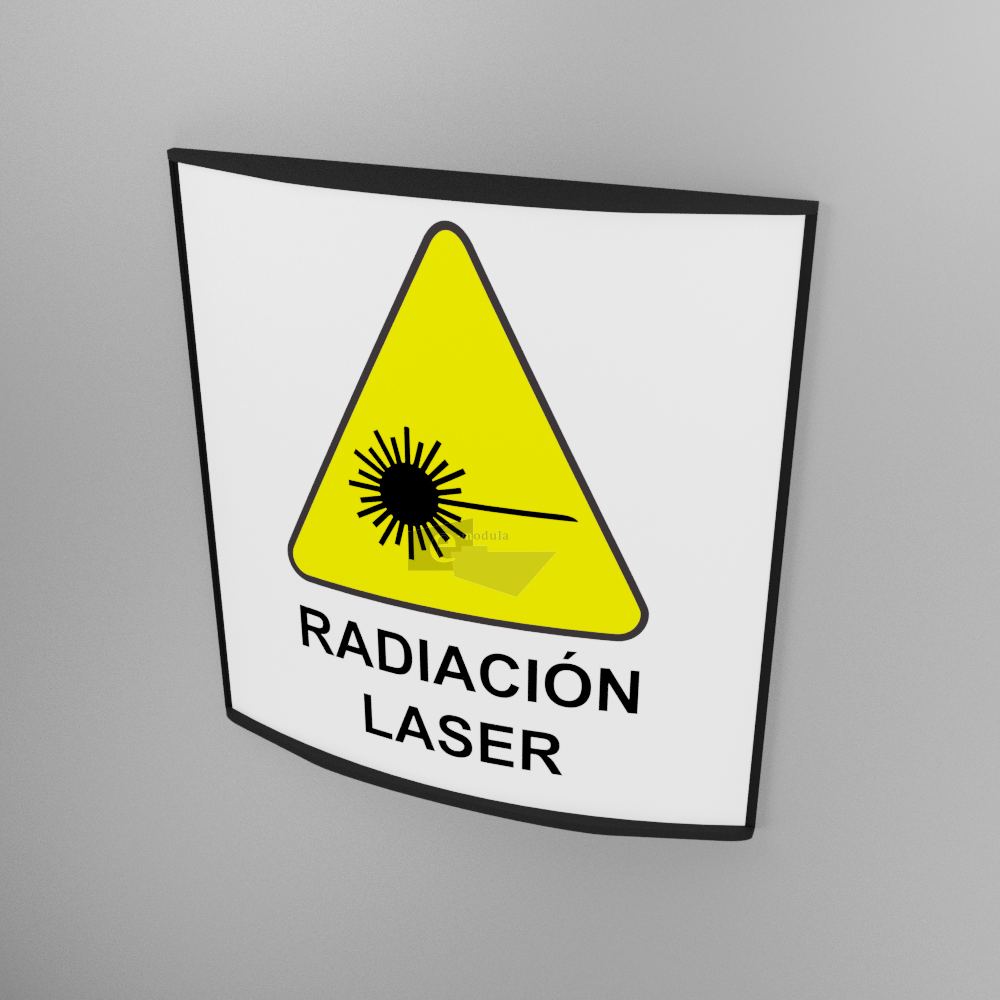 15x15cm / Radiación laser / señal / letrero / protección civil / curvo / amarillo fondo blanco
