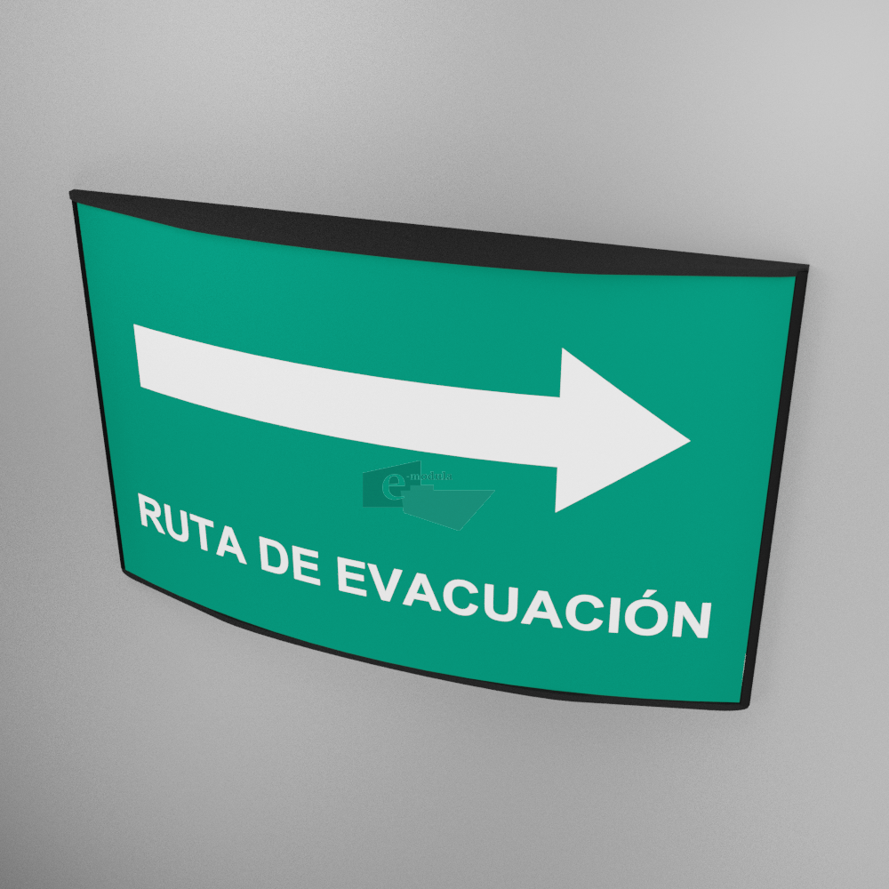 20x30cm / Ruta de evacuación / flecha derecha / señal / letrero / protección civil / curvo / verde