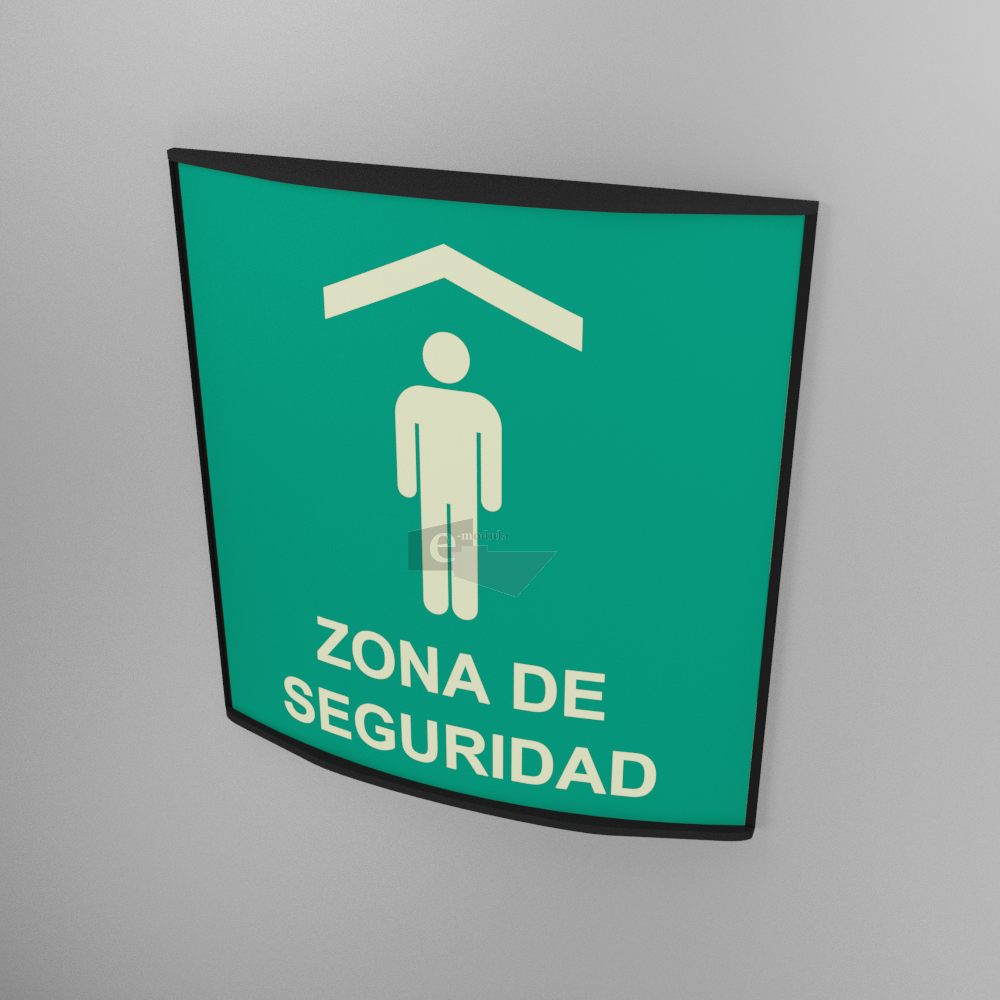20x20cm / Zona de seguridad / Fotoluminicente / señal / letrero / protección civil / curvo
