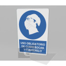 20x30cm / uso obligatorio de cubre bocas y cubre pelo / señal / letrero / protección civil / azul fondo blanco